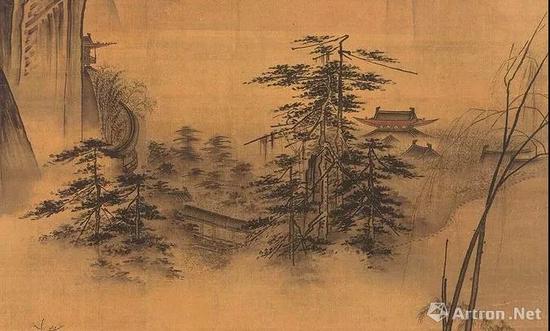 《踏歌图》中影影绰绰的山间建筑，令人心生向往。