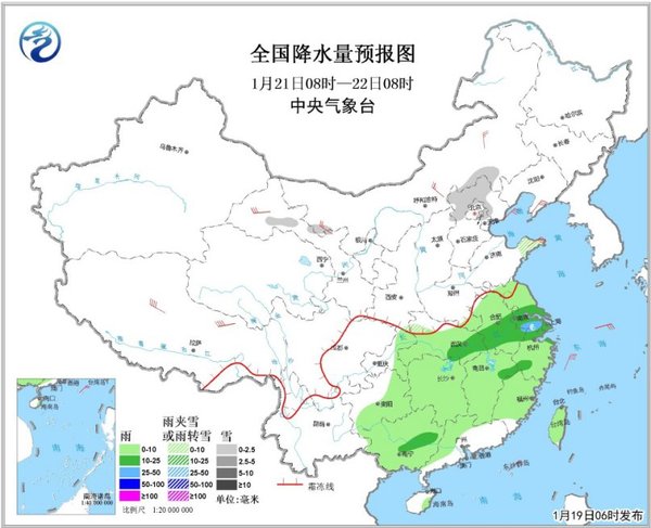 图4 全国降水量预报图（21日08时-22日08时）