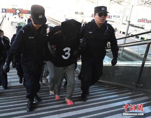 8月29日，在长春火车站，10名电信诈骗犯罪嫌疑人被长春警方从缅甸经云南押解回国。据悉，这十名犯罪嫌疑人自2013年1月开始作案235起，跨24个省、自治区、直辖市，涉案金额360万元人民币。 中新社记者 张瑶 摄