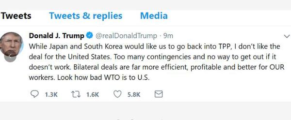 “虽然日本和韩国想让我们重返TPP，但我不喜欢美国涉及的那些条款。”