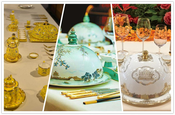 我国在历次国宴上所使用的精美瓷器（图片来源：网络）（左：APEC峰会 中：G20杭州峰会 右：“一带一路”国际合作高峰论坛）