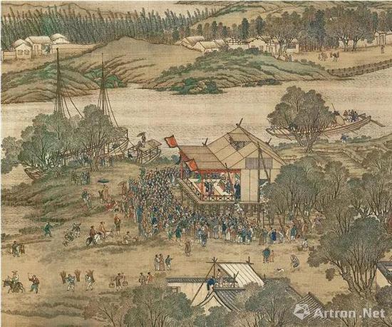 　?。ㄇ澹┏旅?、孙祜、金昆、戴洪、程志道 　　清院本 清明上河图（局部） 绢本设色纵35.6厘米横 1152.8厘米 台北“故宫博物院”藏