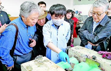     委员们考察颜料制作工艺