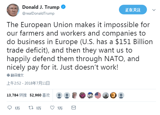 特朗普炮轰欧盟:不利于我们做生意还想要?；?没门