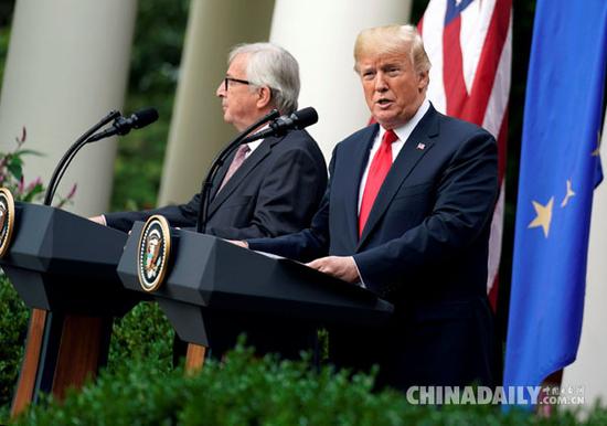 美国欧盟同意缓解贸易紧张局势 特朗普发推特：我们彼此相爱