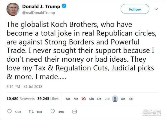 共和党金主发出断粮倒戈威胁 特朗普:我不是傀儡