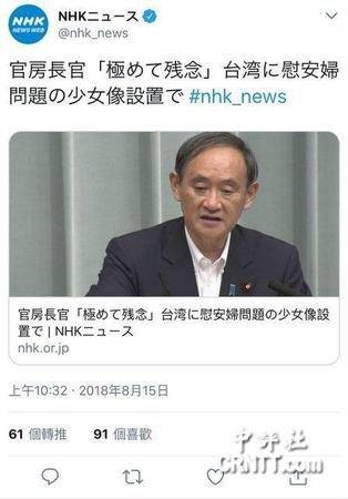 日本不爽慰安妇铜像 台当局秒怂：并未参与