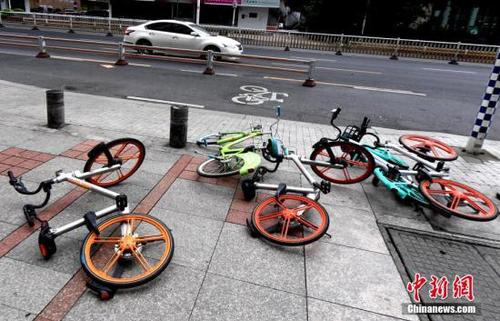 台风刮倒一地的共享单车随处可见。<a target='_blank' href='http://www.chinanews.com/'>中新社</a>记者 刘可耕 摄
