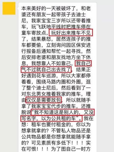 夫妻在迪士尼顺走别人童车:要放包 有孩子了不起啊