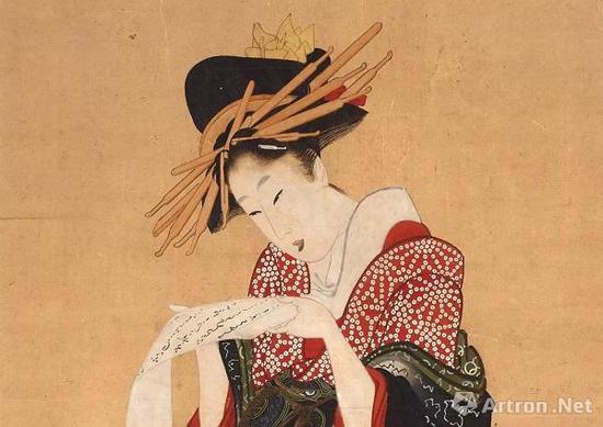 《艺妓读信》局部，喜多川歌麿&nbsp; （？-1806），彩色木刻版画，约1805—1806年