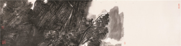 43·岩间竞秀 纸本水墨 34×138厘米 2017