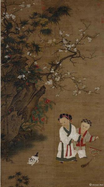 宋人《冬日婴戏图》绢本设色纵196.2cm，横107.1cm，现藏台北故宫博物院