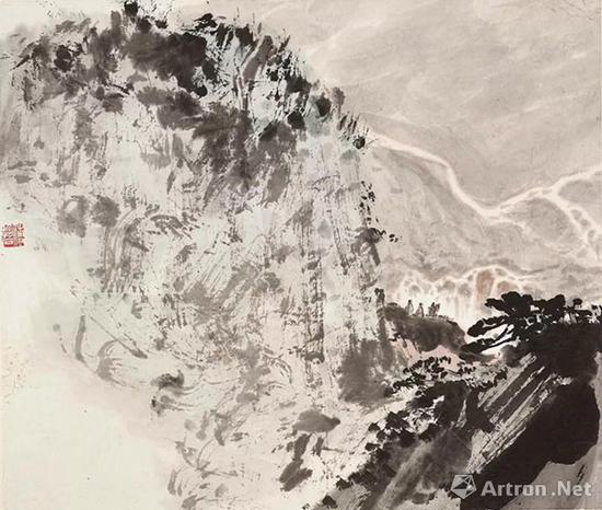 拍品编号1286&nbsp;傅抱石《高士观瀑》设色纸本 镜框