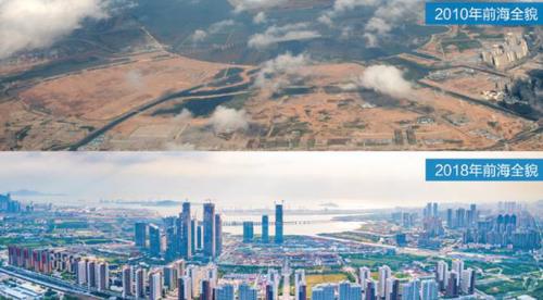 △在前海石公园的前?？⒖懦晒故厩缴?，这张八年间的对比图异常醒目。（央视记者谢晓光拍摄）