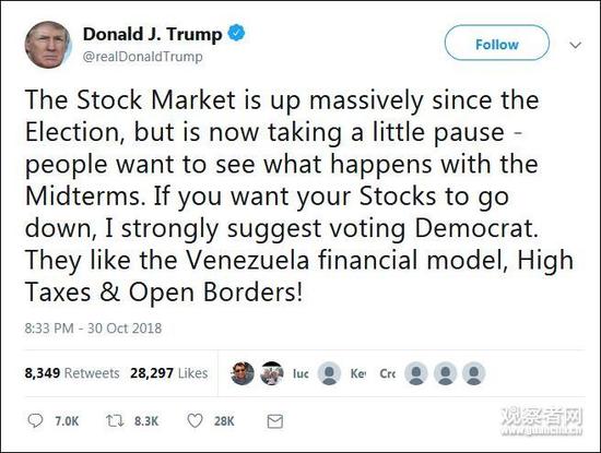 特朗普发推警告选民慎重:如果想股票跌就投民主党