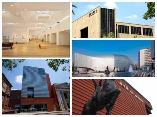 部分参加论坛的艺术博物馆外景（自左至右依次为清华大学艺术博物馆、罗德岛设计学院美术馆、湖北美术馆、南京艺术学院美术馆、广州美术学院美术馆）