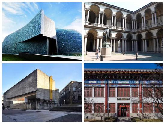 部分参加论坛的艺术博物馆外景（自左至右依次为中央美术学院美术馆、中国美术学院国际艺术设计博物馆、布雷拉美术馆、北京大学赛克勒考古与艺术博物馆）