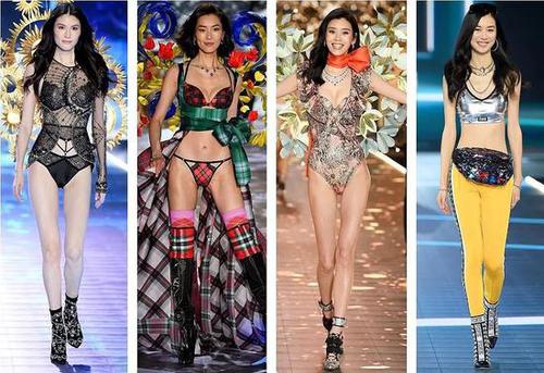 今年维密秀上的中国超模刘雯、何穗、奚梦瑶、陈瑜（图片来源：视觉中国）