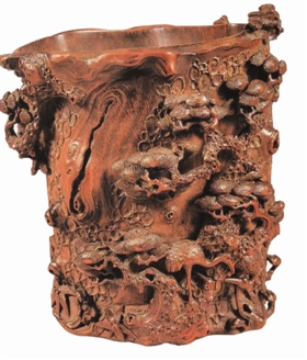 明朱鹤异形高浮雕竹笔筒，南京博物院藏_b