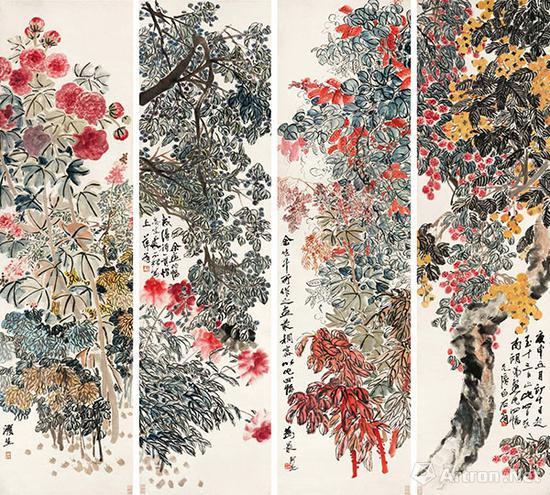 齐白石《福祚繁华》立轴 设色纸本 178×49cm×4