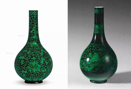 本次嘉德上拍的墨地绿彩胆瓶与瑞士鲍尔藏墨地绿彩长颈瓶