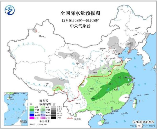 图2 全国降水量预报图(12月5日08时-6日08时)