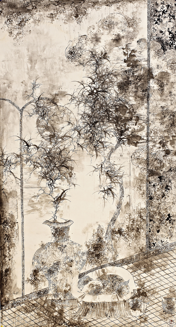 张卫，溢之二，190×98cm，纸本水墨，2013