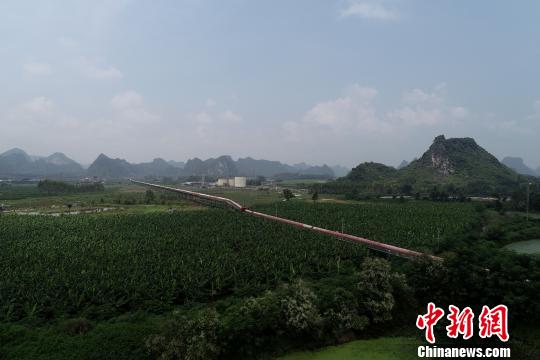图为南宁市武鸣区公鸡山矿区建设的矿石输送皮带?！≈有?摄
