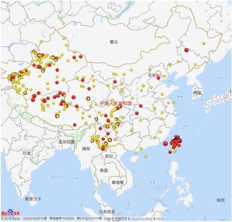 2018年全国3级及以上地震分布图(四级以上红色标注)。图片来源：中国地震台网微信公众号