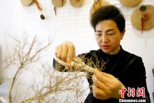 图为兰州艺人修剪花道作品?！「哒?摄