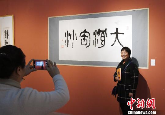 “思入风云笔翻江海——丁仃书画艺术回顾展”在福州的福建省画院开幕，吸引观众在作品前留影?！〖钦吡蹩筛?摄