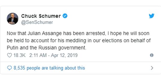 阿桑奇被捕后美议员欢呼:现在他是我们的财产了