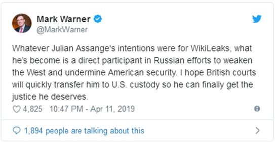 阿桑奇被捕后美议员欢呼:现在他是我们的财产了