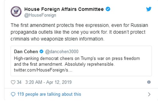 阿桑奇被捕后美议员欢呼:现在他是我们的财产了