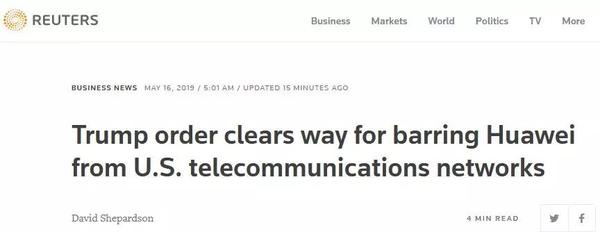 特朗普签署紧急状态行政命令 外媒:针对华为