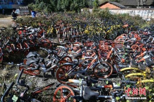 资料图：某地共享单车“坟场”。<a target='_blank' href='http://www.chinanews.com/'>中新社</a>记者 任东 摄