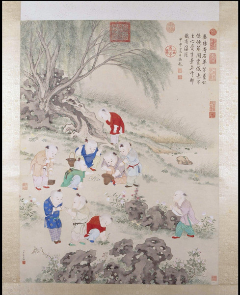 金廷标《儿童斗草图轴》