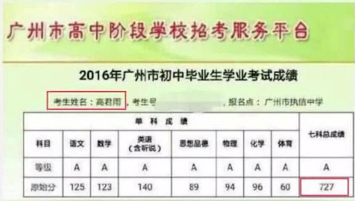 “点读机女孩”高君雨高考成绩曝光 超本科录取线163分