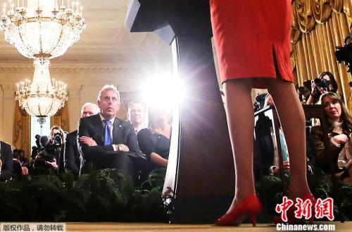 资料图：2017年1月27日，美国总统特朗普和英国首相特蕾莎在白宫举行联合新闻发布会，英国驻美国大使金·达罗克在一旁聆听。