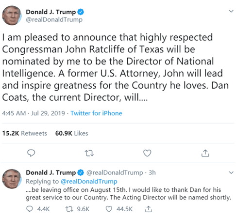 美国家情报总监将离职 特朗普高兴宣布新人提名