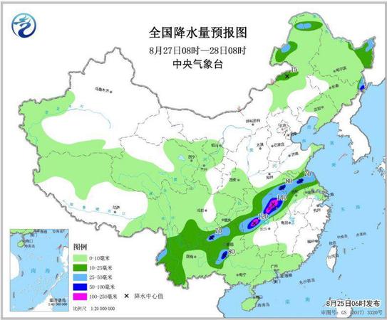 图5 全国降水量预报图(8月27日08时-28日08时)