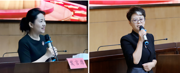 民盟中央妇女委员会委员、民盟北京市朝阳区委专职副主委陈巴黎（左）、总创意暨总导演金姝慧（右）与会发言。民朝 摄影