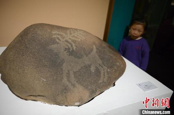 图为小朋友观看青铜时代名为“雄鹿、羊”的岩画。　刘文华 摄