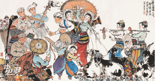 云南瑞丽江边欢乐景象-程十发