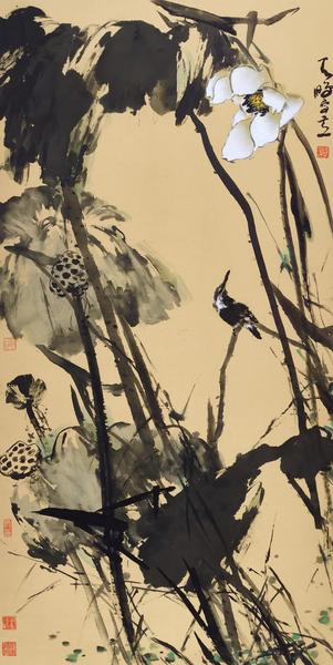 陈鹏  残荷堪流连  纸本设色  138×69cm