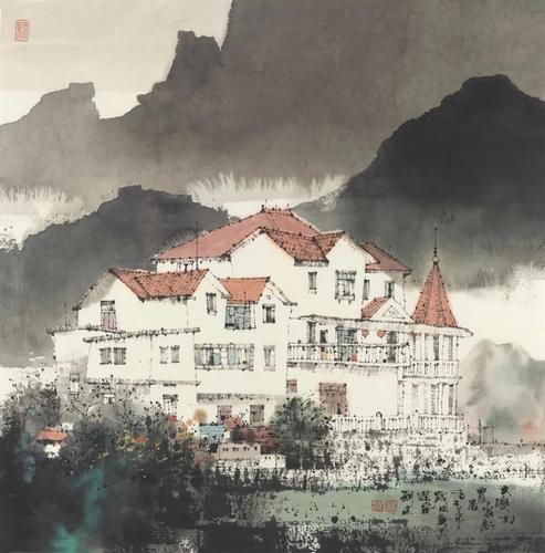 刘建 大湾村农家新居 纸本水墨设色 68×68cm 2019 年