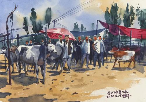 陈平 喀什活畜巴扎 纸本水彩  35.5×51cm 2018 年