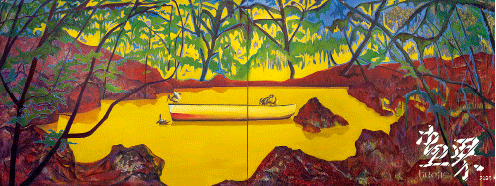 湖心船（布面油画）350×150cm-2019年-梁敬达