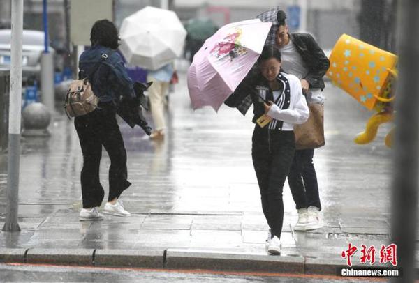 资料图：市民顶风冒雨出行。 中新社记者 张瑶 摄