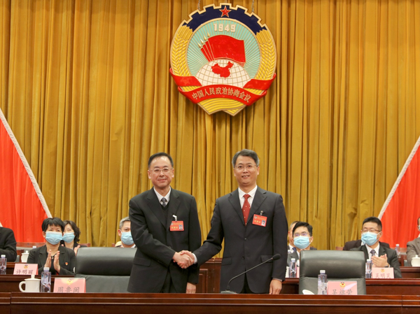 亲切握手，表示祝贺